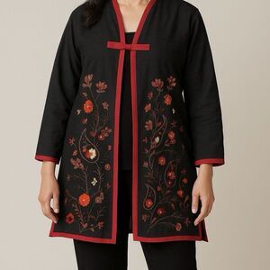 Silkland Silk Black Red Embroidered Jacket Duster Silk Size 1X Women Cardigan